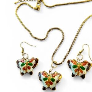 Puffed Cloisonné Butterfly Pendant Necklace and Earring Set NWOT